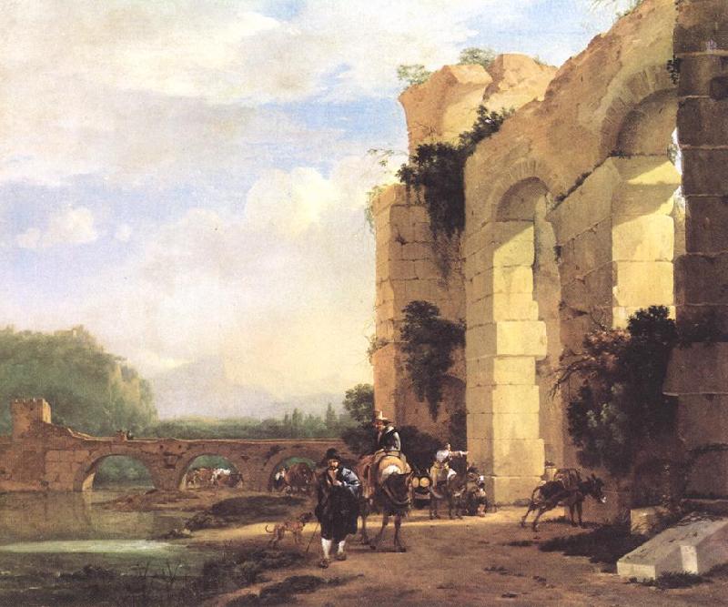 ASSELYN, Jan Italian Landscape with the Ruins of a Roman Bridge and Aqueduct cc Germany oil painting art